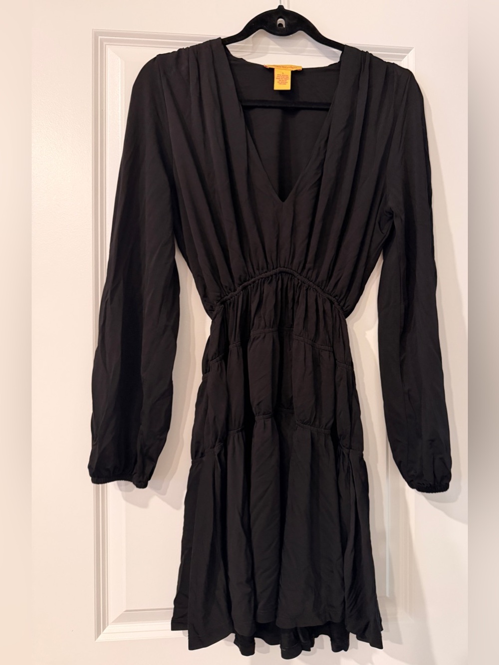 Catherine Malandrino Black Long-Sleeve V-Neck Gathered Waist Dress